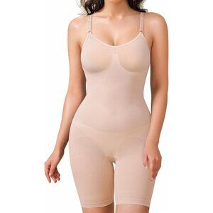 Women's Beige Mid Thigh Body Shaper Round Neck Seamless Bodysuit Shapewear